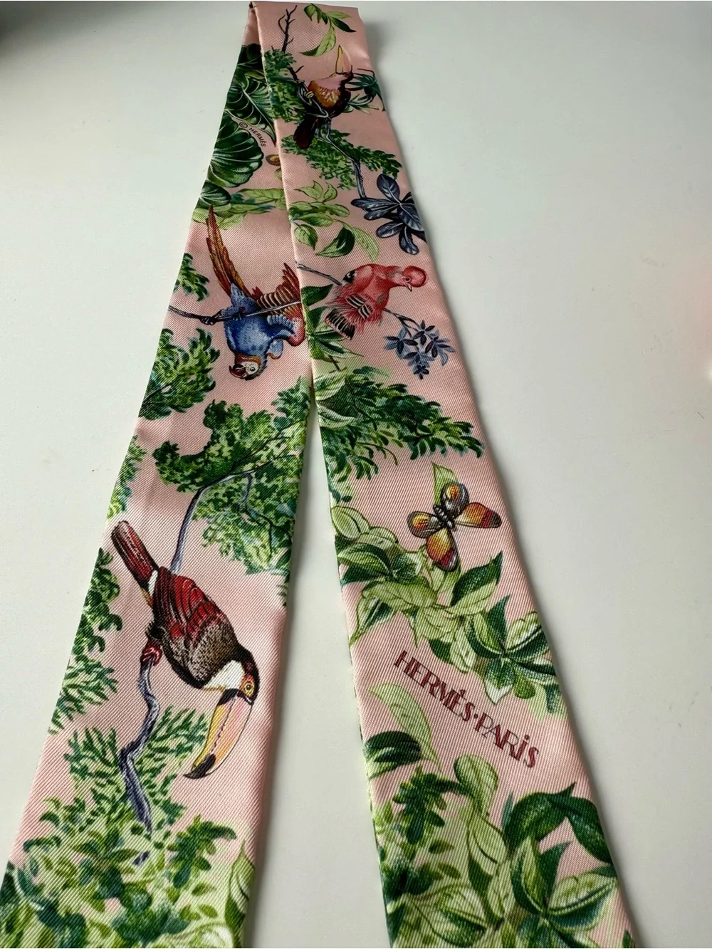 Pink Silk Twilly Scarf with Tropical Bird Print